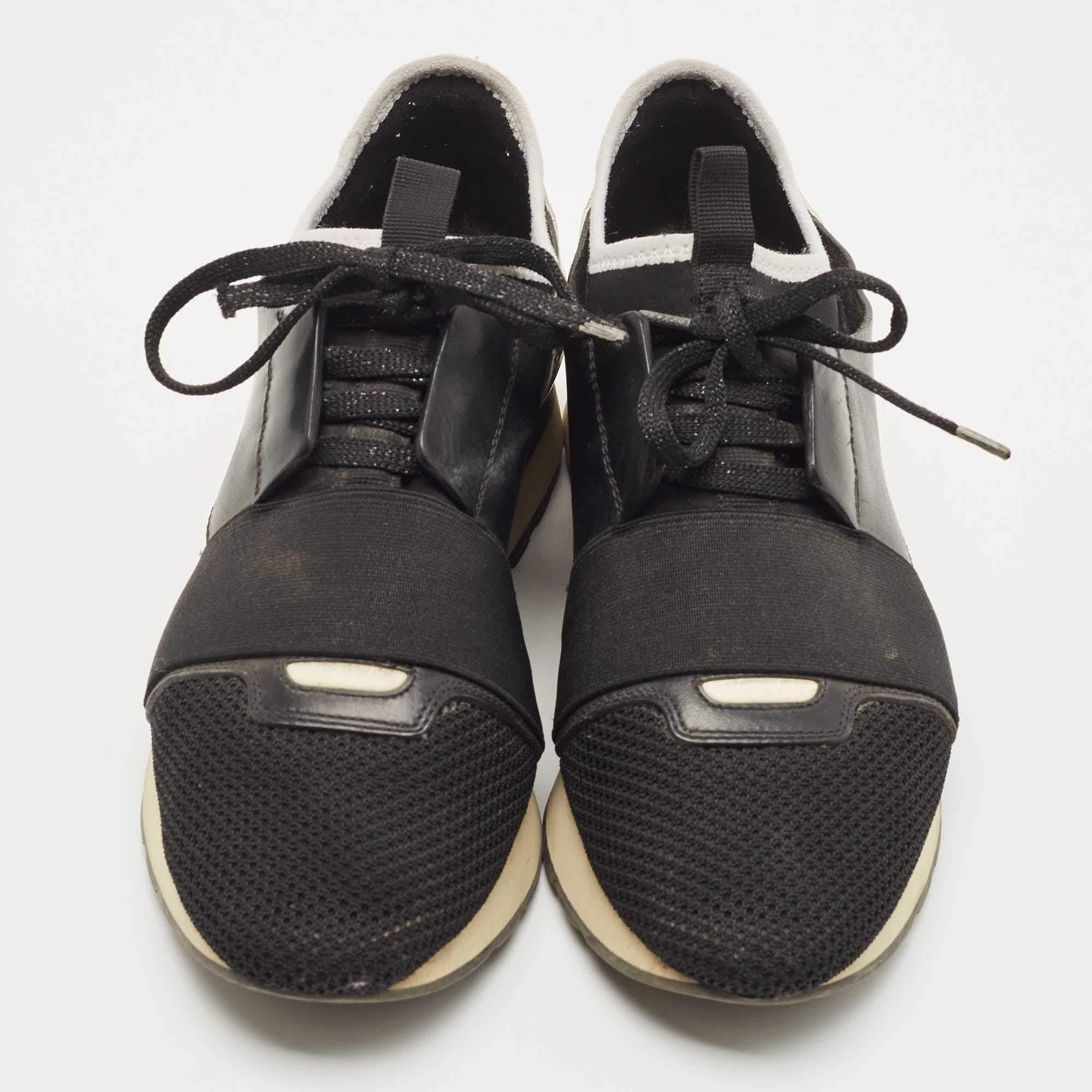 Men's Balenciaga Black/White Leather, Mesh and Patent Race Runner Sneakers  For Sale