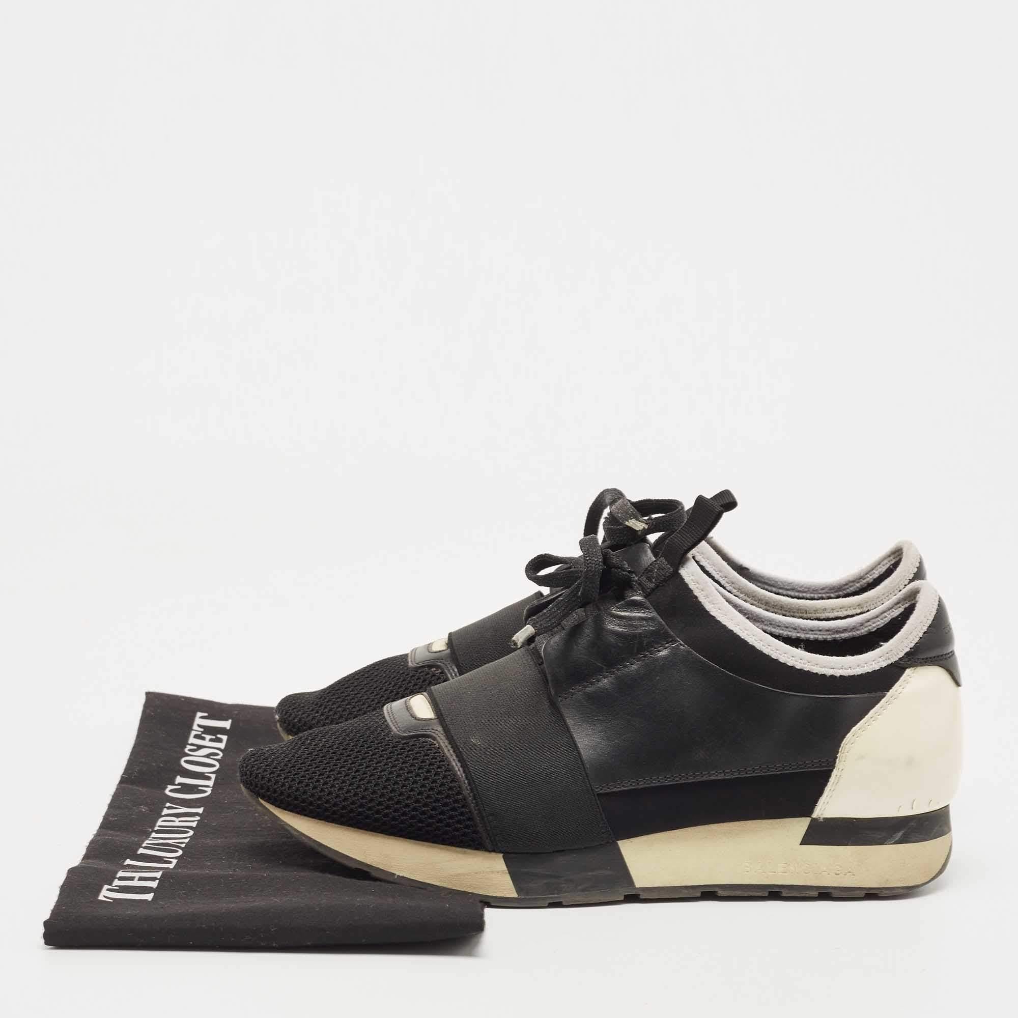 Balenciaga Black/White Leather, Mesh and Patent Race Runner Sneakers  For Sale 5