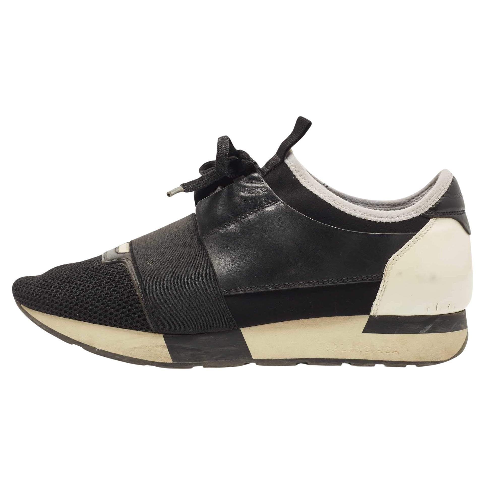 Balenciaga Black/White Leather, Mesh and Patent Race Runner Sneakers  For Sale