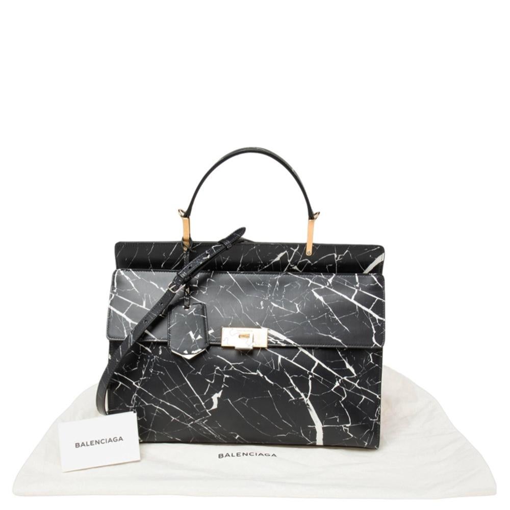 Balenciaga Black/White Marble Print Leather Le Dix Cartable Top Handle Bag 6