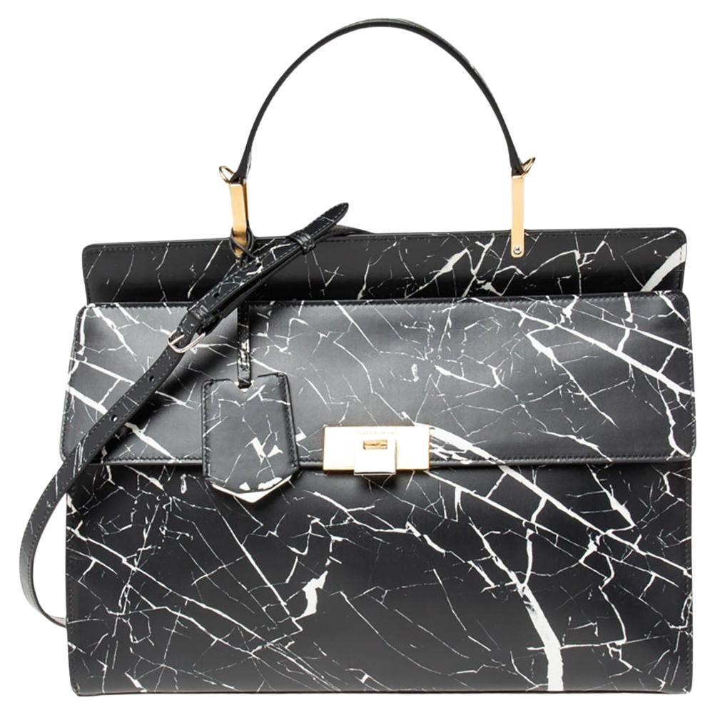 Balenciaga Black/White Marble Print Leather Le Dix Cartable Top Handle Bag