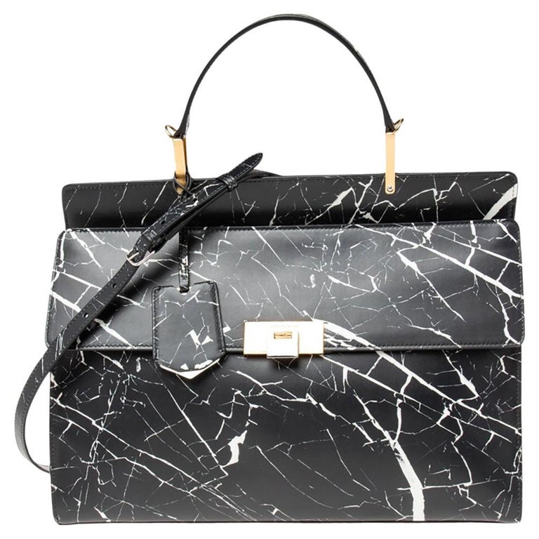 Balenciaga Black/White Marble Print Leather Le Dix Cartable Top Handle Bag  at 1stDibs