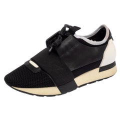 Balenciaga Black/White Patent Leather and Mesh Race Runner Sneakers Size 37