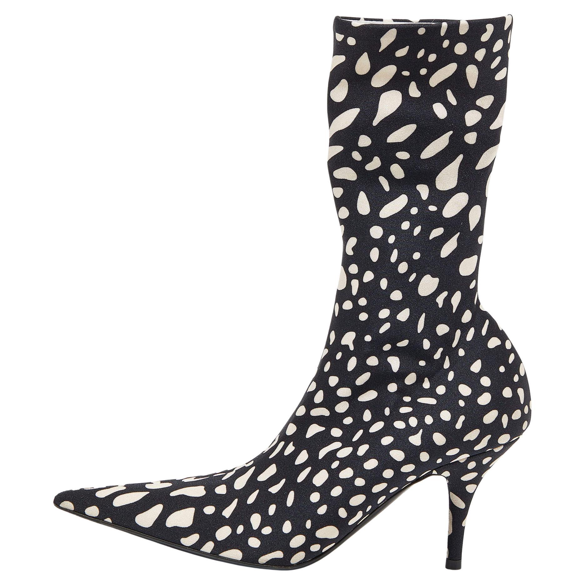 Balenciaga Black/White Printed Stretch Fabric Knife Booties Size 36 For Sale