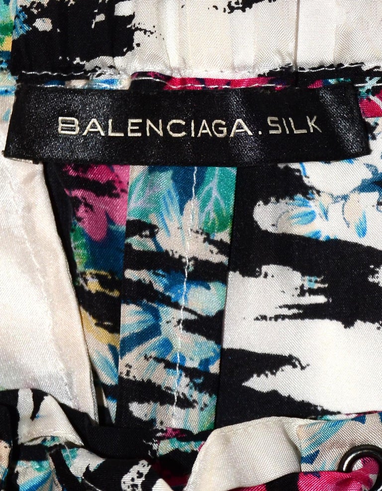 Balenciaga Black/White Silk Pants W/ Pink Flowers Sz 34 For Sale at 1stDibs