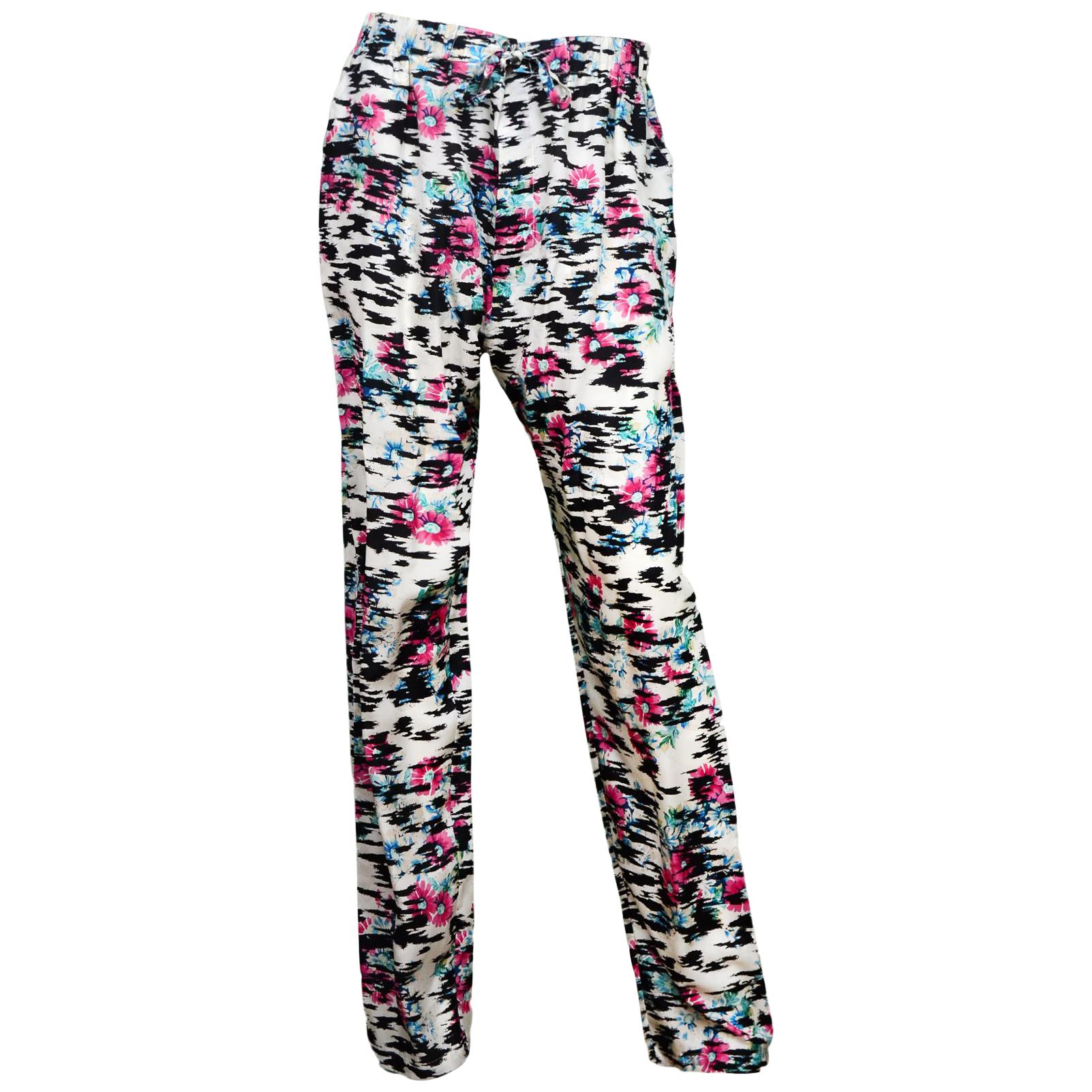 Balenciaga Black/White Silk Pants W/ Pink Flowers Sz 34
