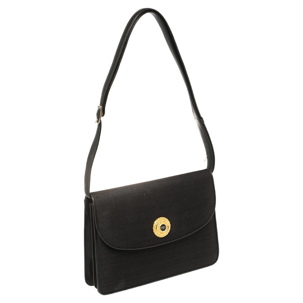 Balenciaga Schwarz gewebte Stroh und Leder Vintage Flap Umhängetasche Damen