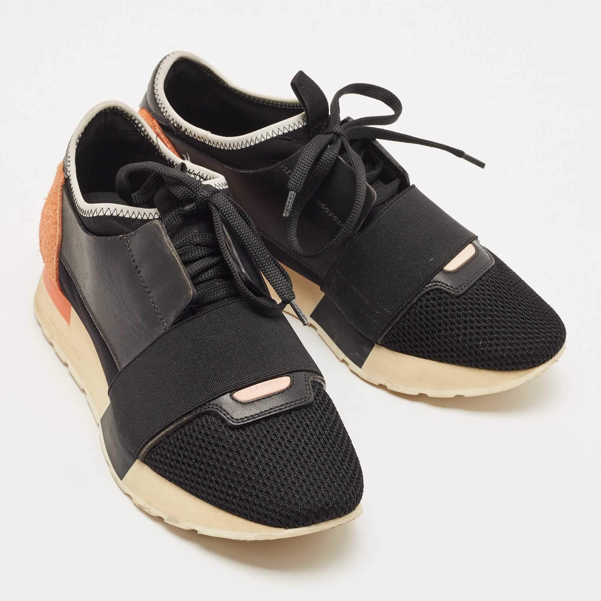 Women's Balenciaga Black/Yellow Leather and Mesh Race Runner Sneakers Size 37 For Sale