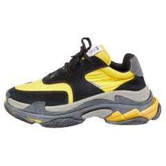 Used Balenciaga Black/Yellow Suede and Nylon Triple S Sneakers Size 44