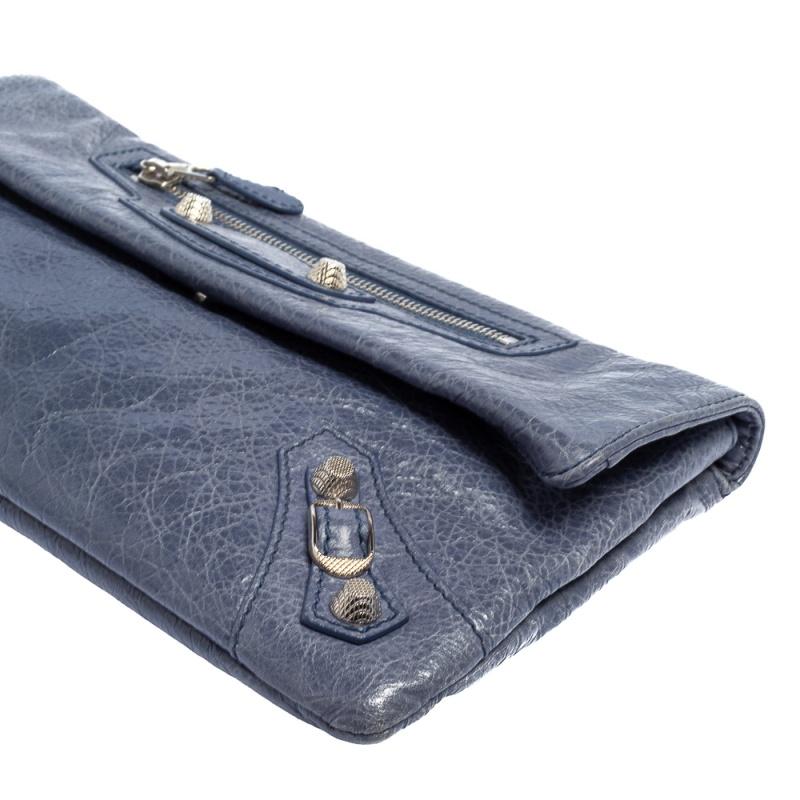 Balenciaga Bleu Glacier Leather Motocross SH Envelope Clutch In Good Condition In Dubai, Al Qouz 2