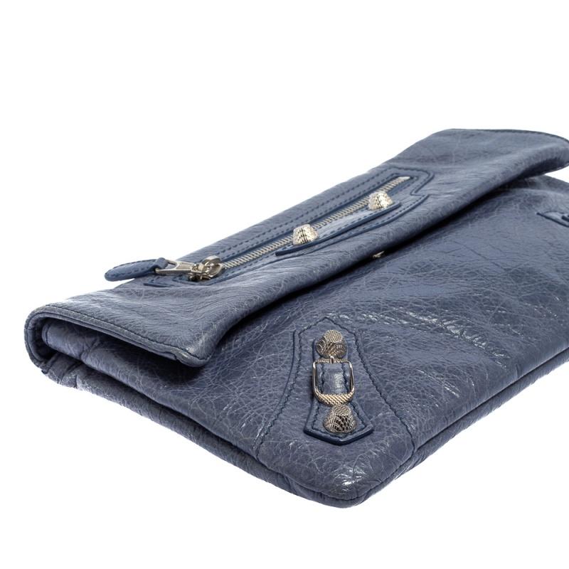 Women's Balenciaga Bleu Glacier Leather Motocross SH Envelope Clutch