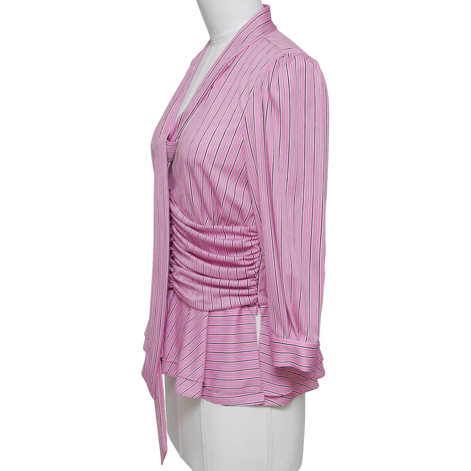 BALENCIAGA Striped Top Shirt Blouse 3/4 Sleeve Neck Tie Rose White Black 38 NWT In New Condition For Sale In Hollywood, FL