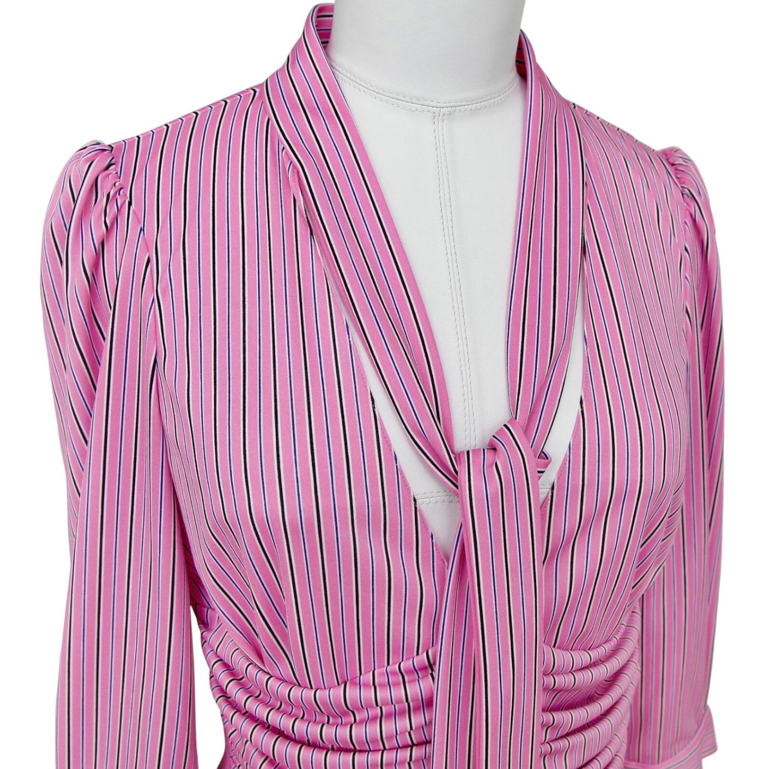 Women's BALENCIAGA Striped Top Shirt Blouse 3/4 Sleeve Neck Tie Rose White Black 38 NWT For Sale