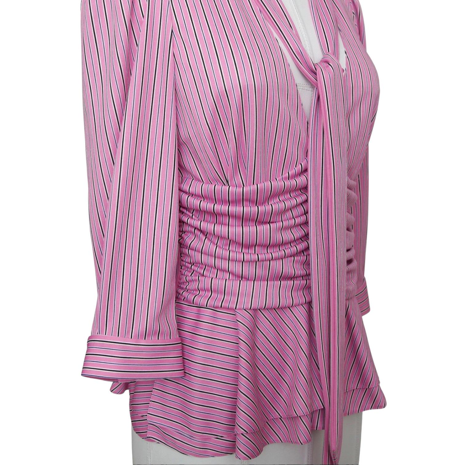 BALENCIAGA Striped Top Shirt Blouse 3/4 Sleeve Neck Tie Rose White Black 38 NWT For Sale 1