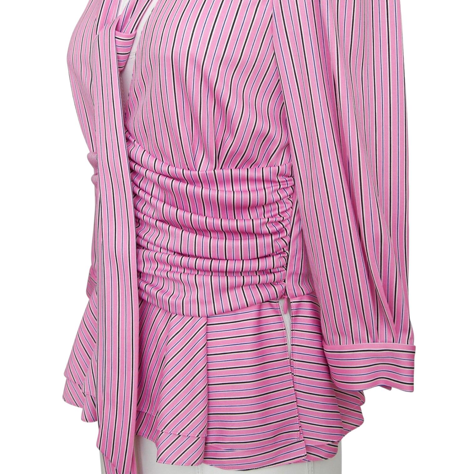 BALENCIAGA Striped Top Shirt Blouse 3/4 Sleeve Neck Tie Rose White Black 38 NWT For Sale 2