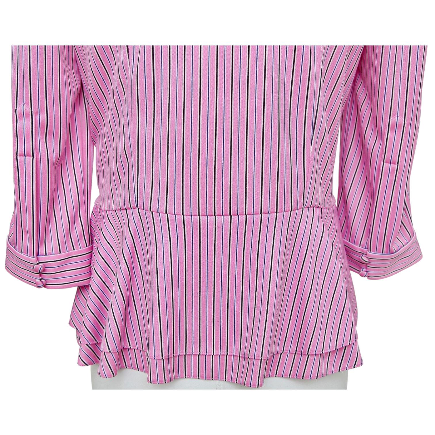 BALENCIAGA Striped Top Shirt Blouse 3/4 Sleeve Neck Tie Rose White Black 38 NWT For Sale 4
