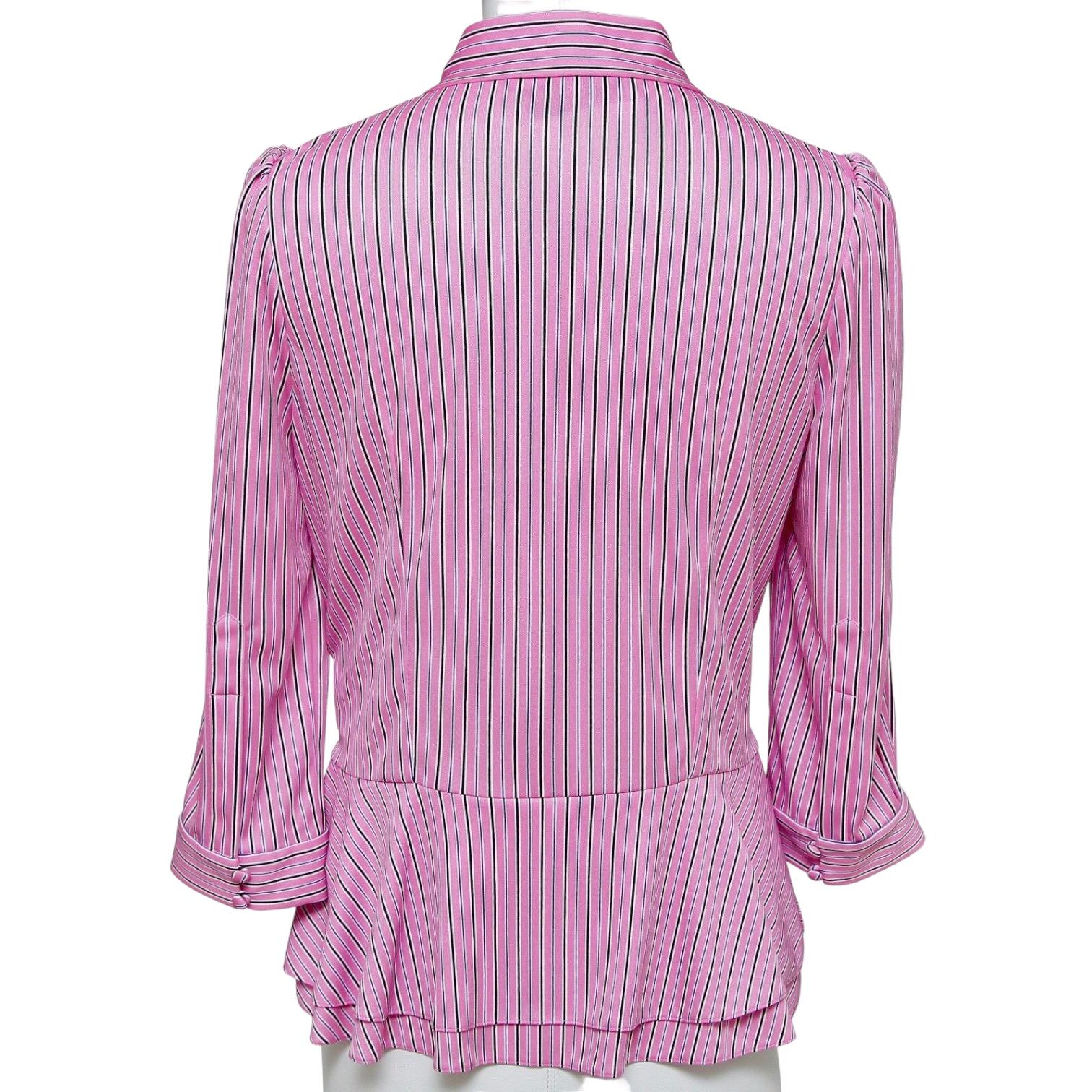 BALENCIAGA Striped Top Shirt Blouse 3/4 Sleeve Neck Tie Rose White Black 38 NWT For Sale 5