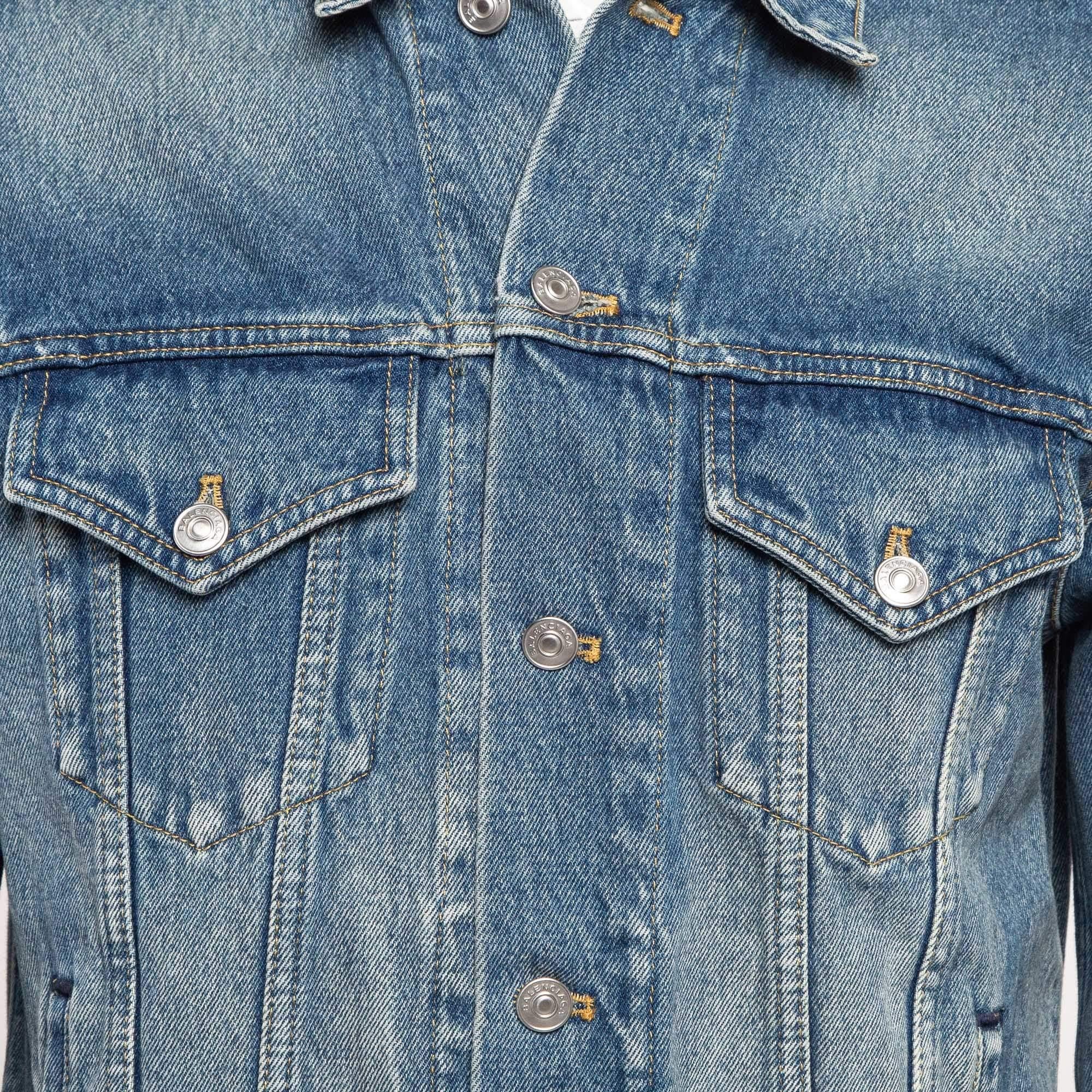 Balenciaga Blue 2017 Campaign Logo Denim Distressed Jacket L In Good Condition In Dubai, Al Qouz 2
