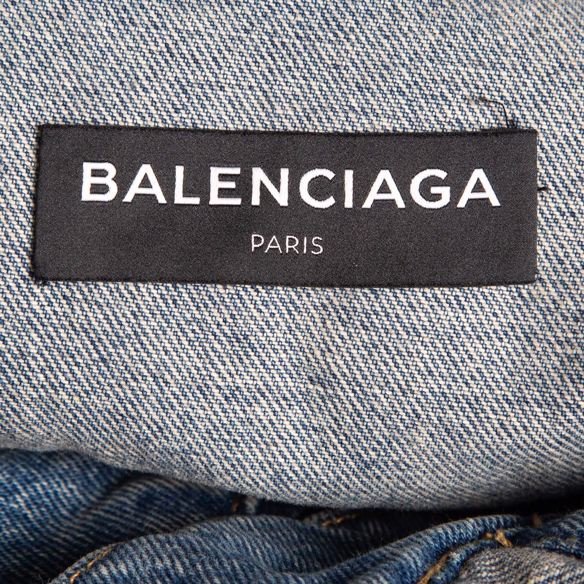 Men's Balenciaga Blue 2017 Campaign Logo Denim Distressed Jacket L