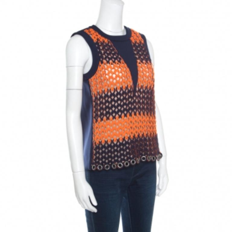 Top sans manches en tissu Looping bleu et orange néon S en vente 2