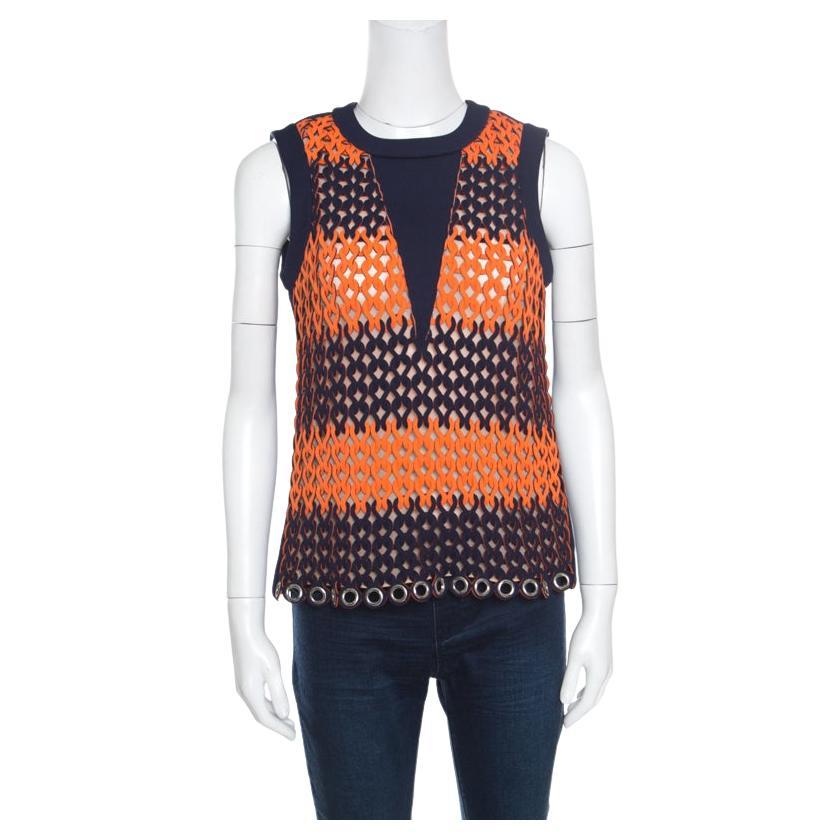 Balenciaga Blue and Neon Orange Open Loop Weave Detail Sleeveless Top S For Sale