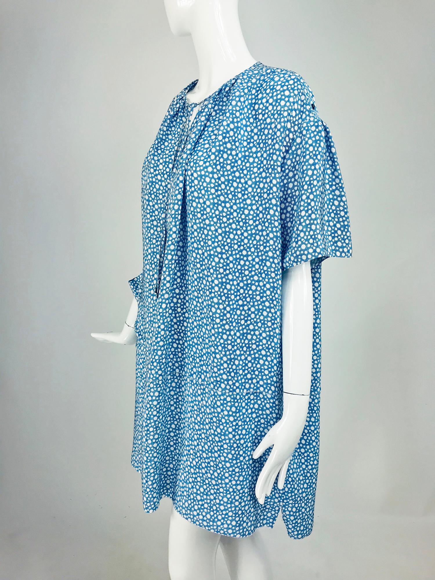 Balenciaga Blue and White Silk Dot Print Asymmetrical Dress   For Sale 1