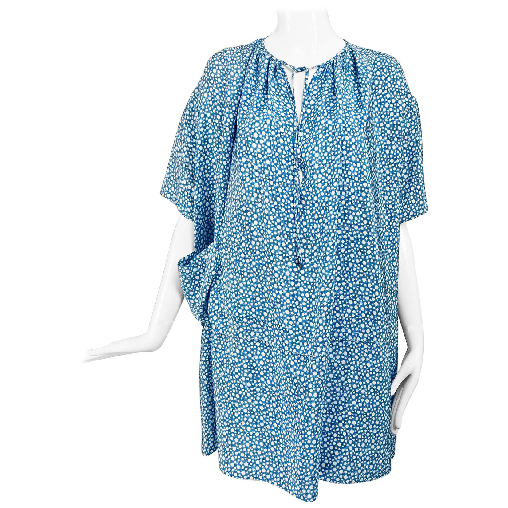 Balenciaga Blue and White Silk Dot Print Asymmetrical Dress   For Sale