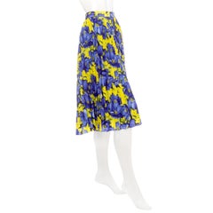 Balenciaga Blue and Yellow Crêpe de Chine Floral-Print Pleated Skirt