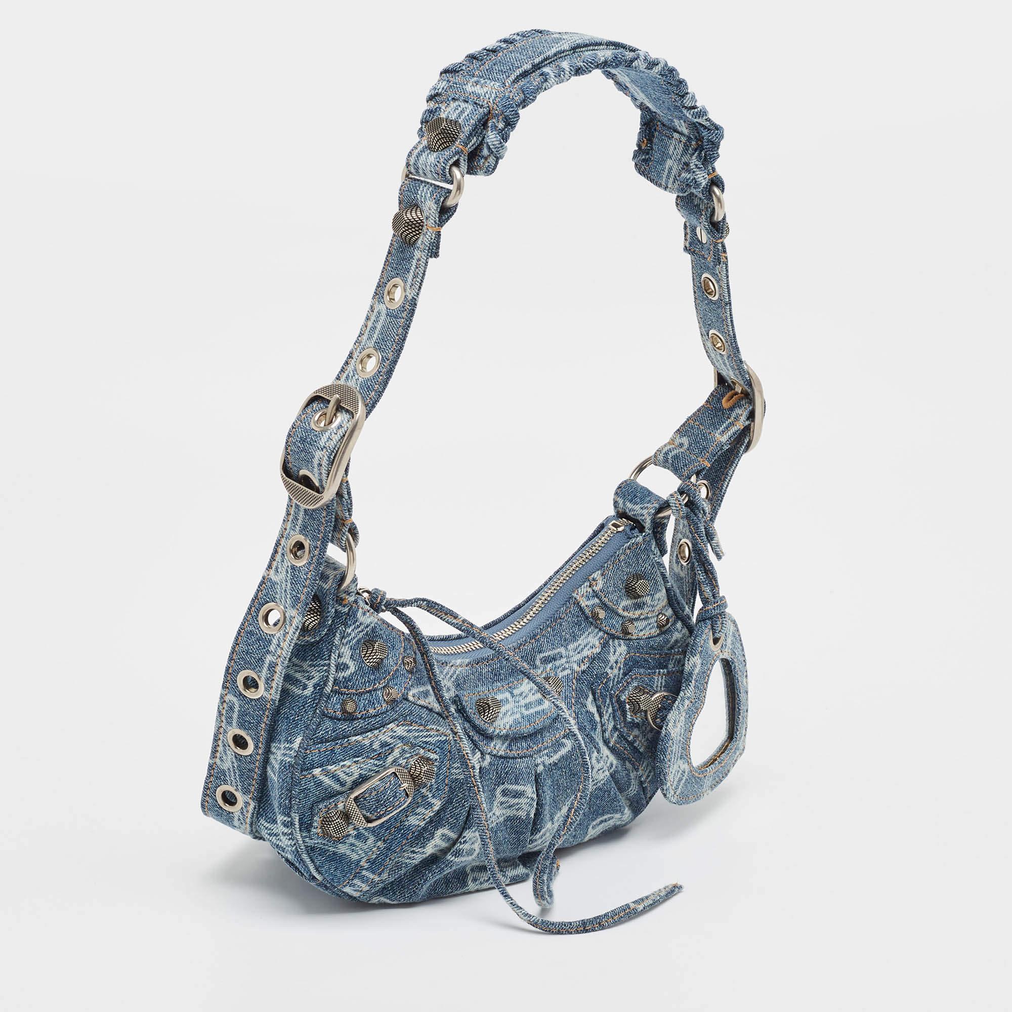 Gray Balenciaga Blue BB Monogram Denim XS Le Cagole Shoulder Bag