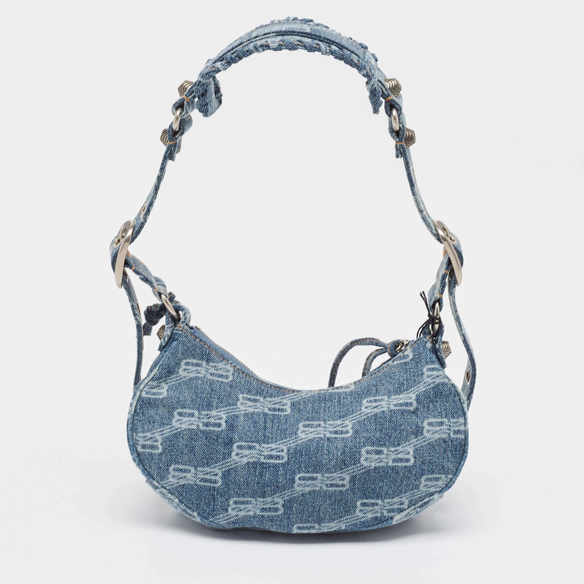 Balenciaga Blue BB Monogram Denim XS Le Cagole Shoulder Bag In New Condition In Dubai, Al Qouz 2