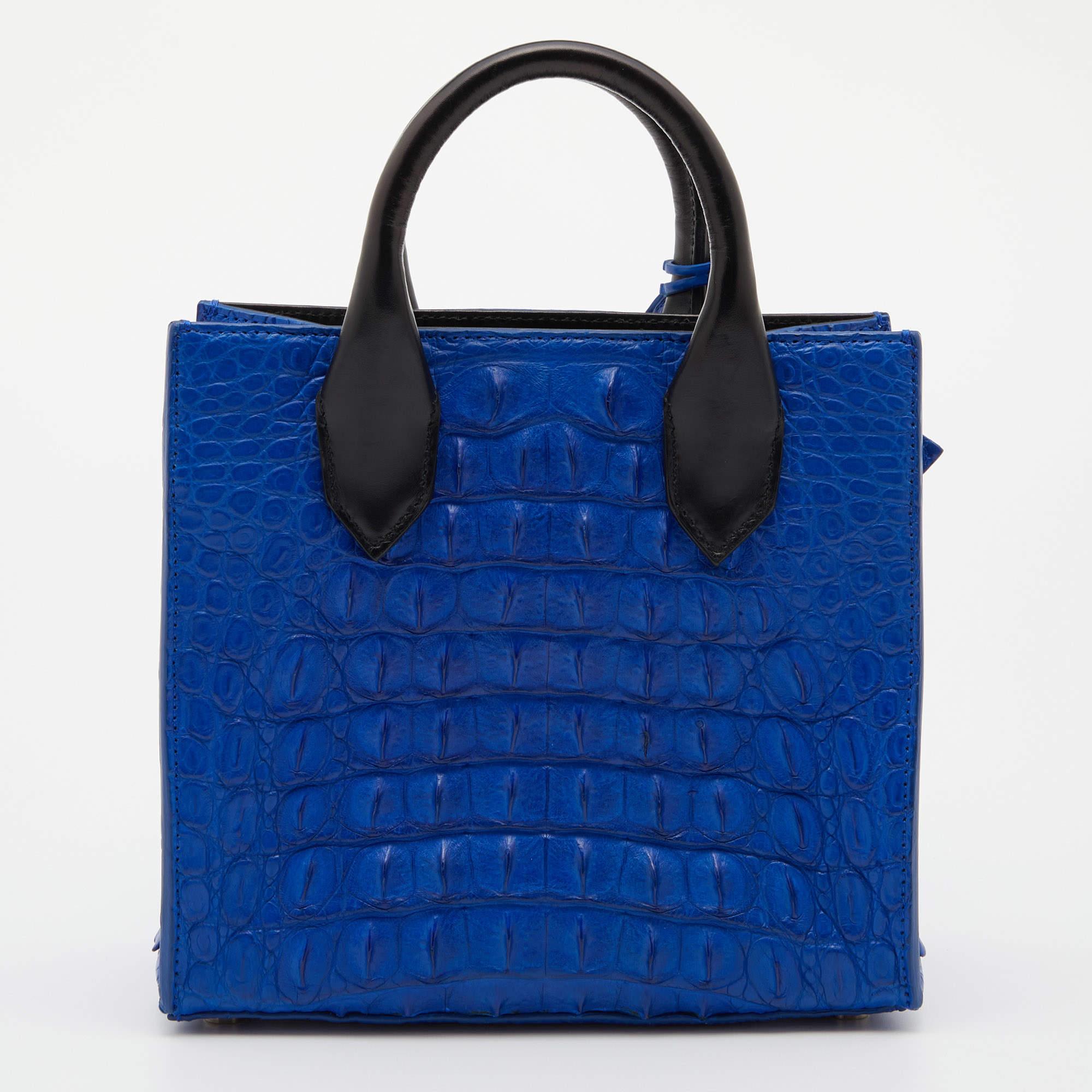 Balenciaga Blue/Black Leather and Crocodile Mini Padlock All Afternoon Tote For Sale 6