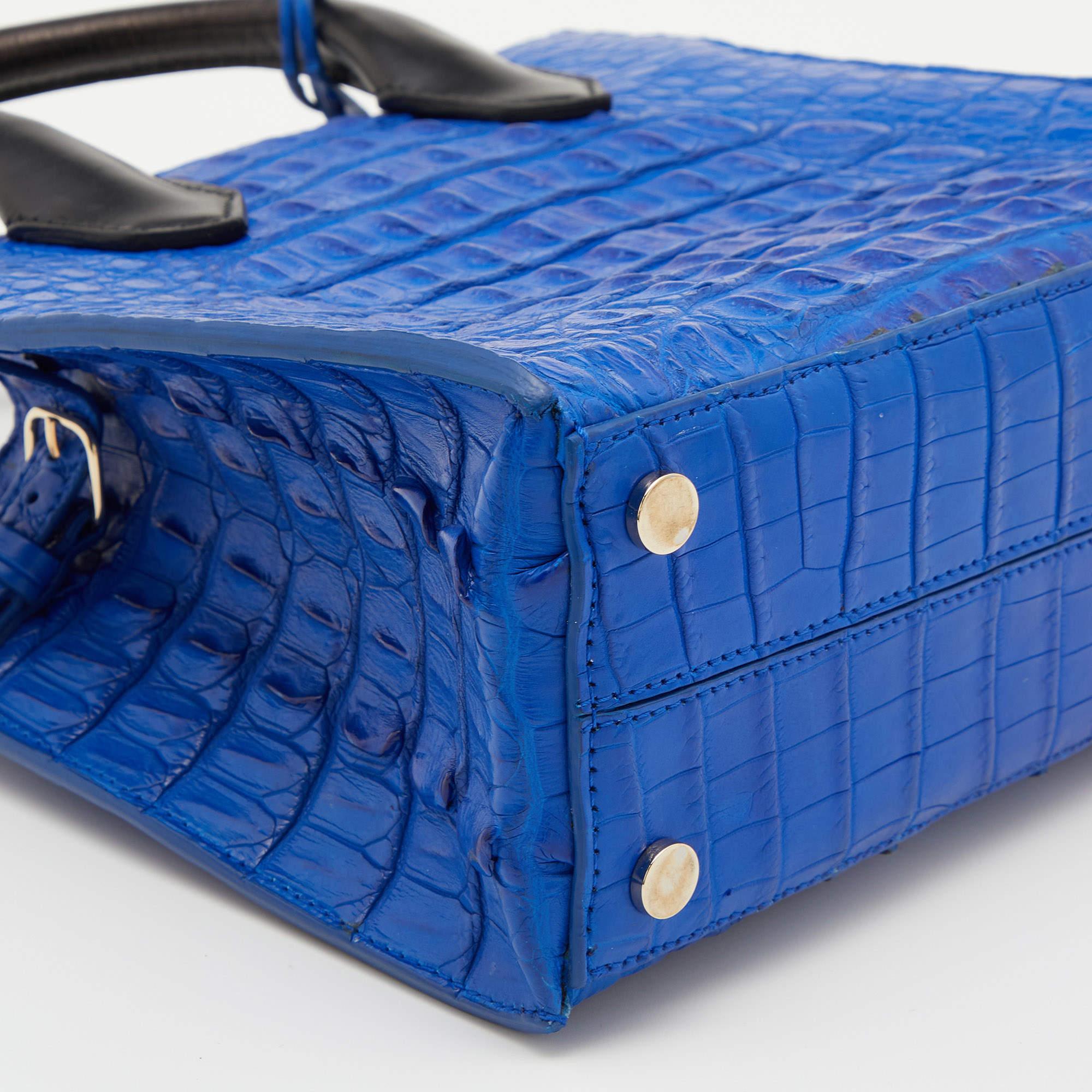 Balenciaga Blue/Black Leather and Crocodile Mini Padlock All Afternoon Tote For Sale 3