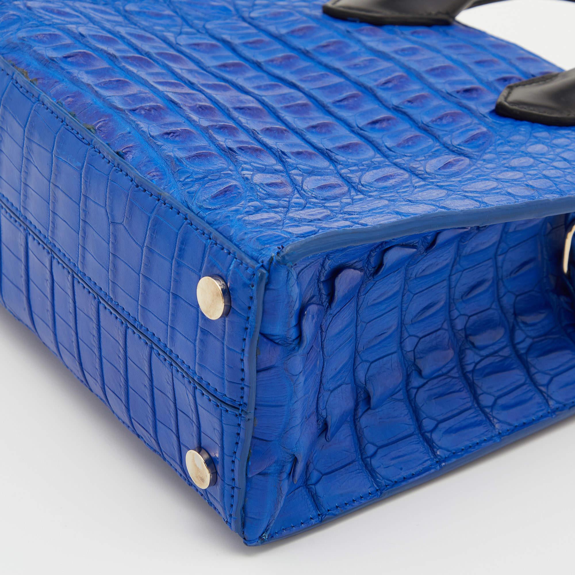 Balenciaga Blue/Black Leather and Crocodile Mini Padlock All Afternoon Tote For Sale 4