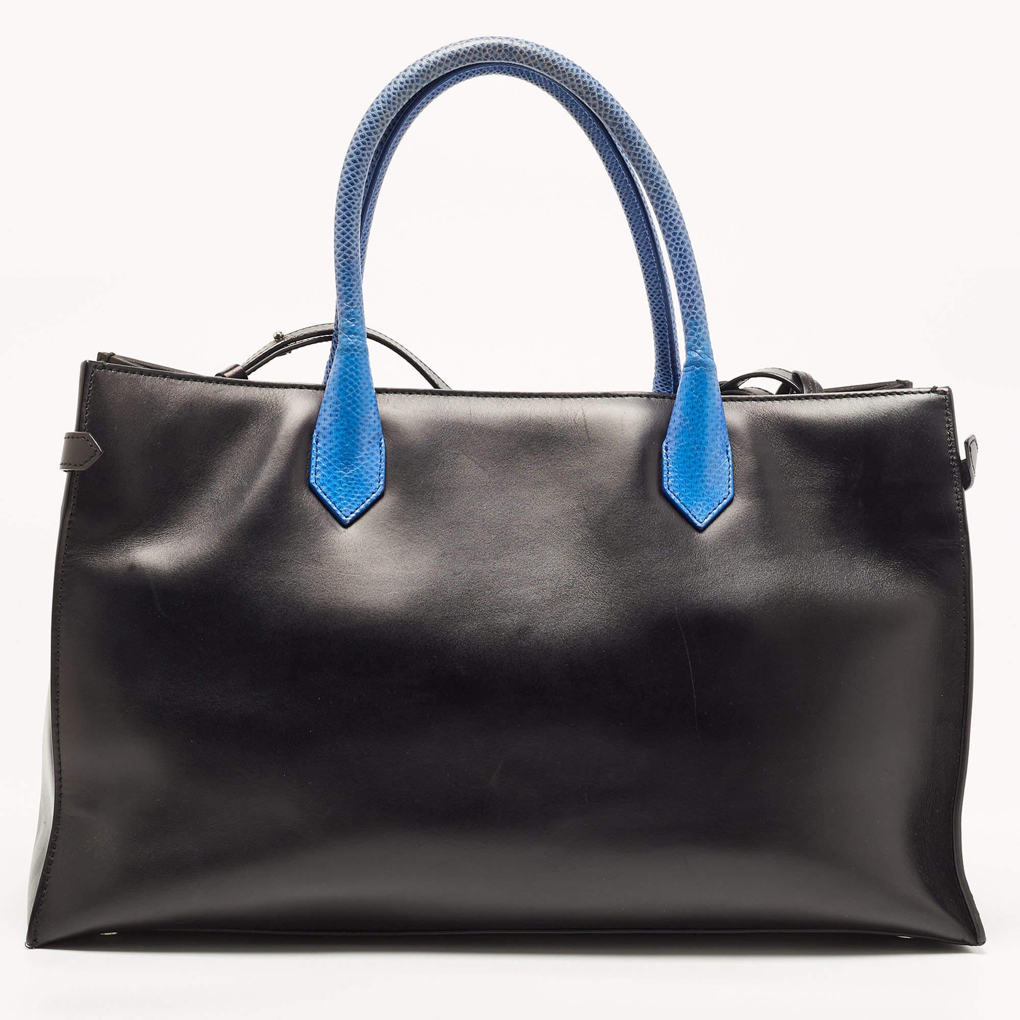 Women's Balenciaga Blue/Black Leather and Lizard Handle Padlock Tote For Sale