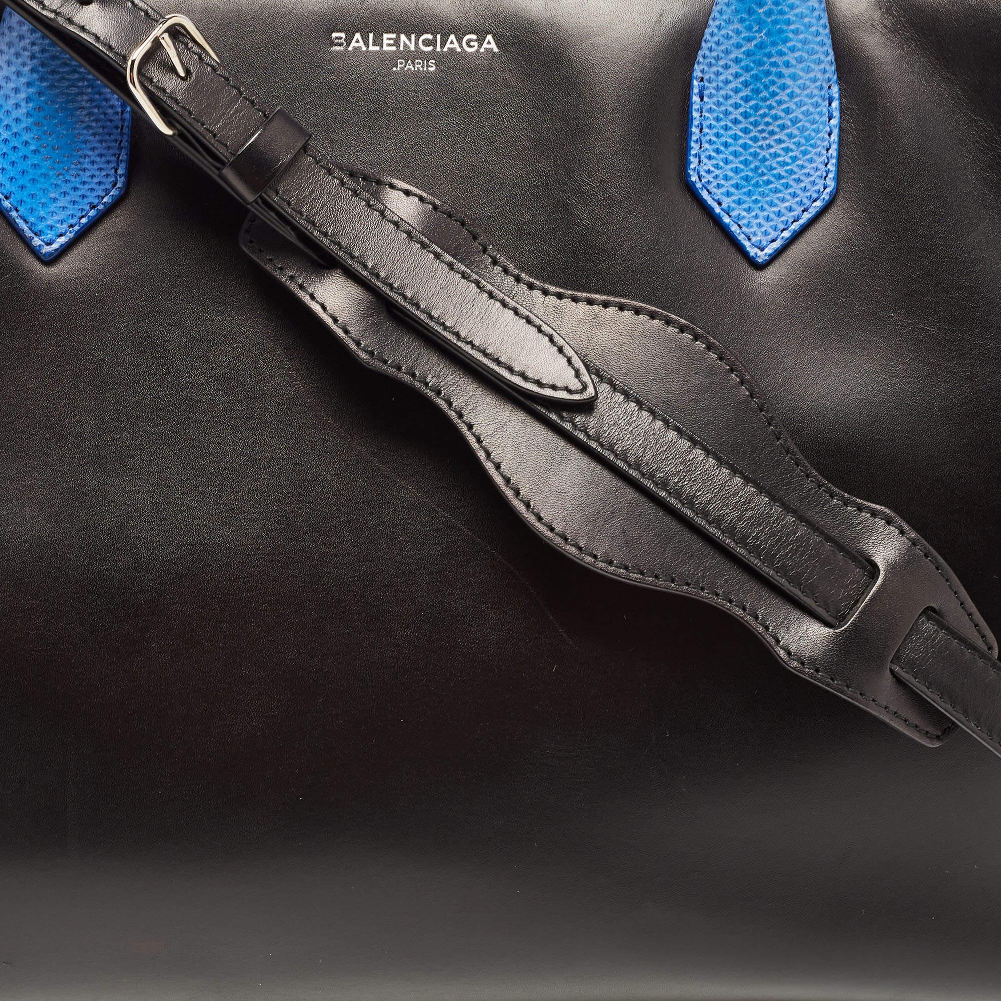 Balenciaga Blue/Black Leather and Lizard Handle Padlock Tote For Sale 1