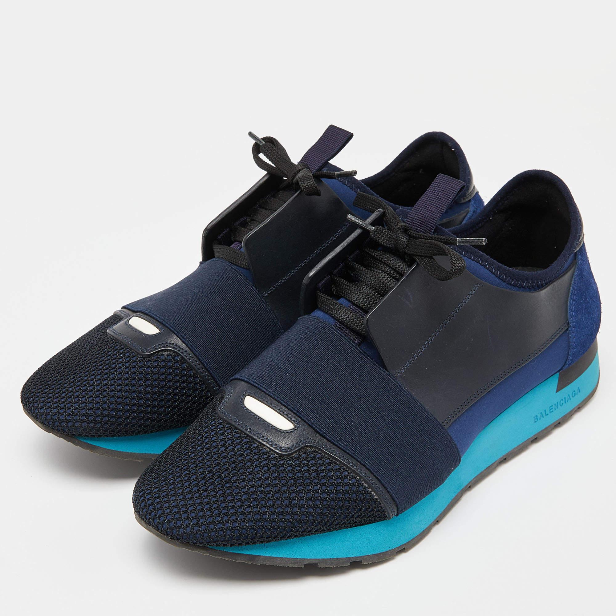 Let your latest addition be this pair of Race Runners sneakers from Balenciaga. Its exterior is crafted using leather as well as mesh with covered toes, strap detailing on the vamps, and lace-up fastenings. This pair is completed with a
