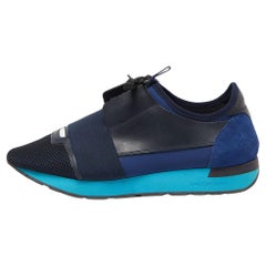 Balenciaga Blue/Black Leather Suede and Mesh Race Runner Low Top Sneakers Size 4