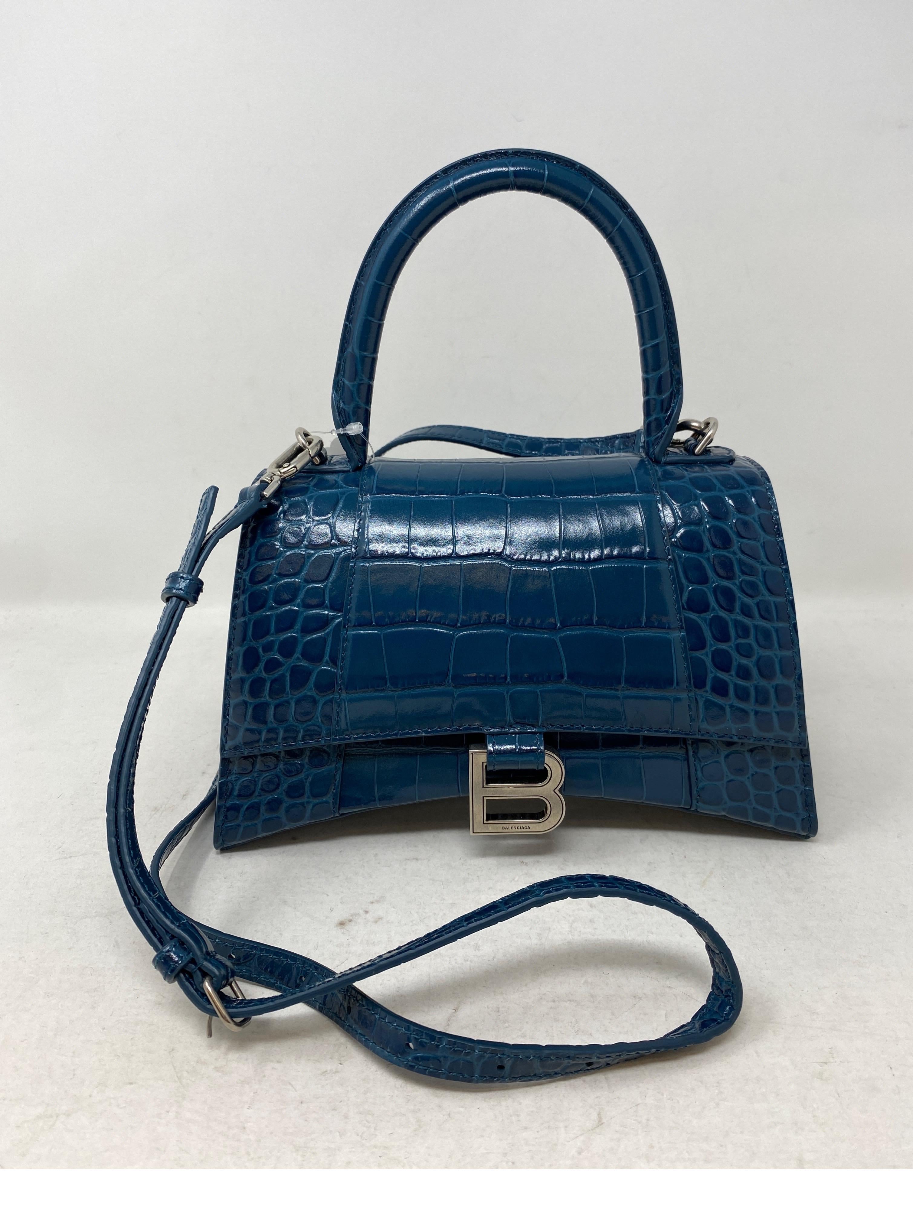 Balenciaga Blue Croc Embossed Hourglass Bag  11