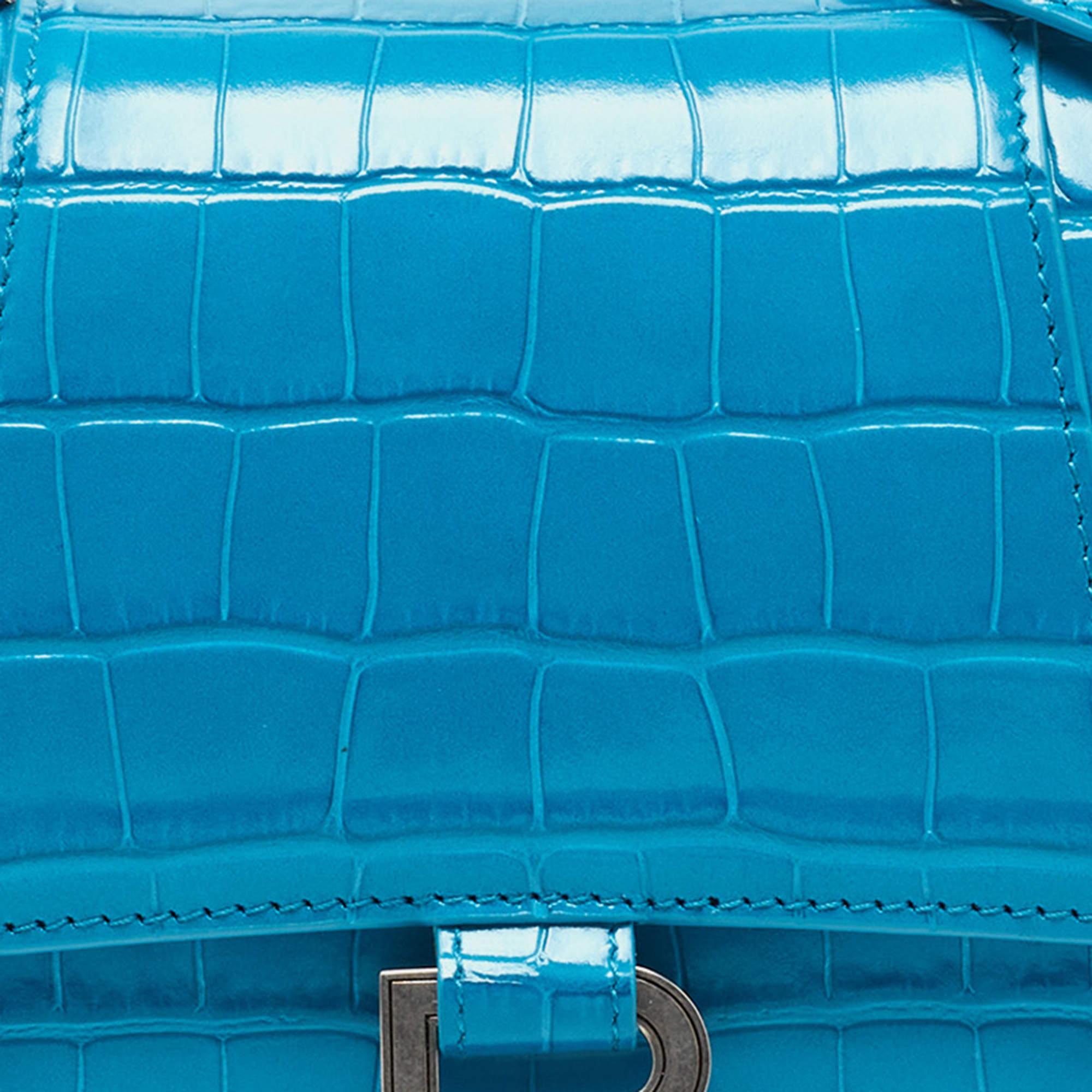 Women's Balenciaga Blue Croc Embossed Leather Hourglass Top Handle Bag
