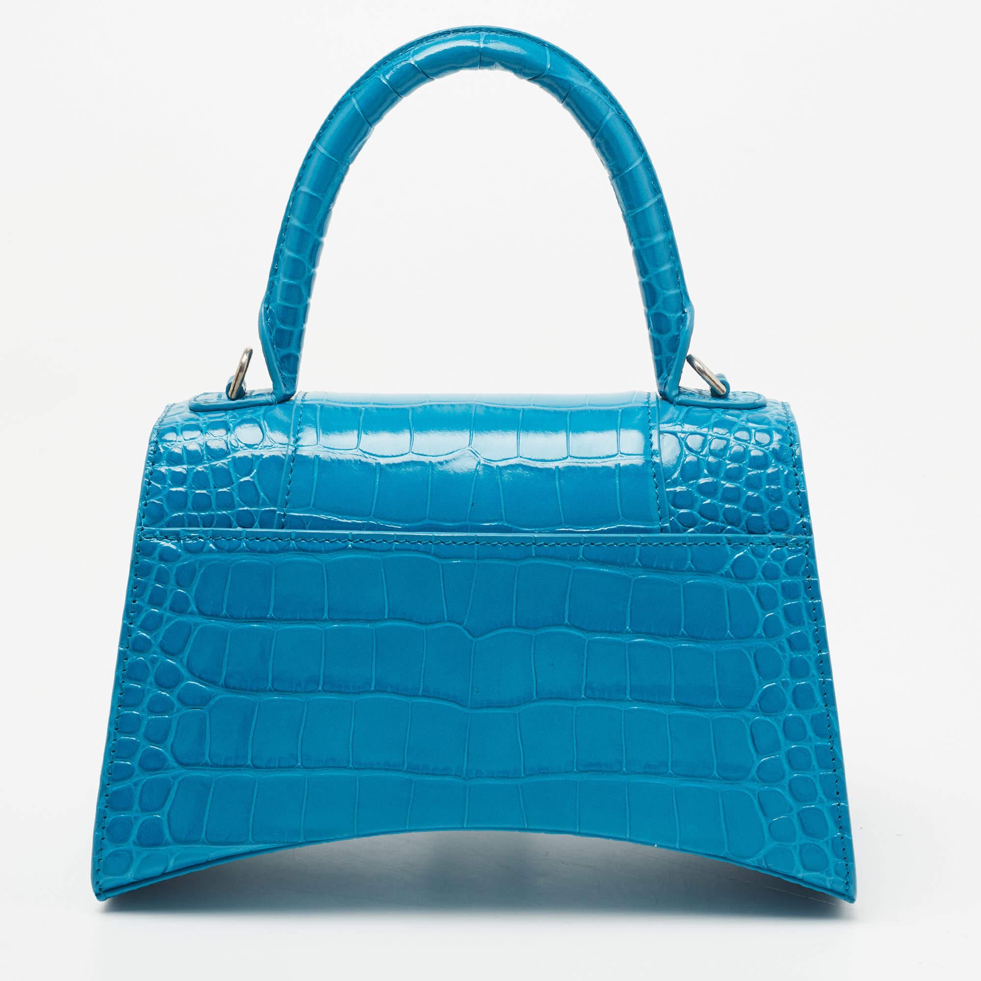 Balenciaga Blue Croc Embossed Leather Hourglass Top Handle Bag 1
