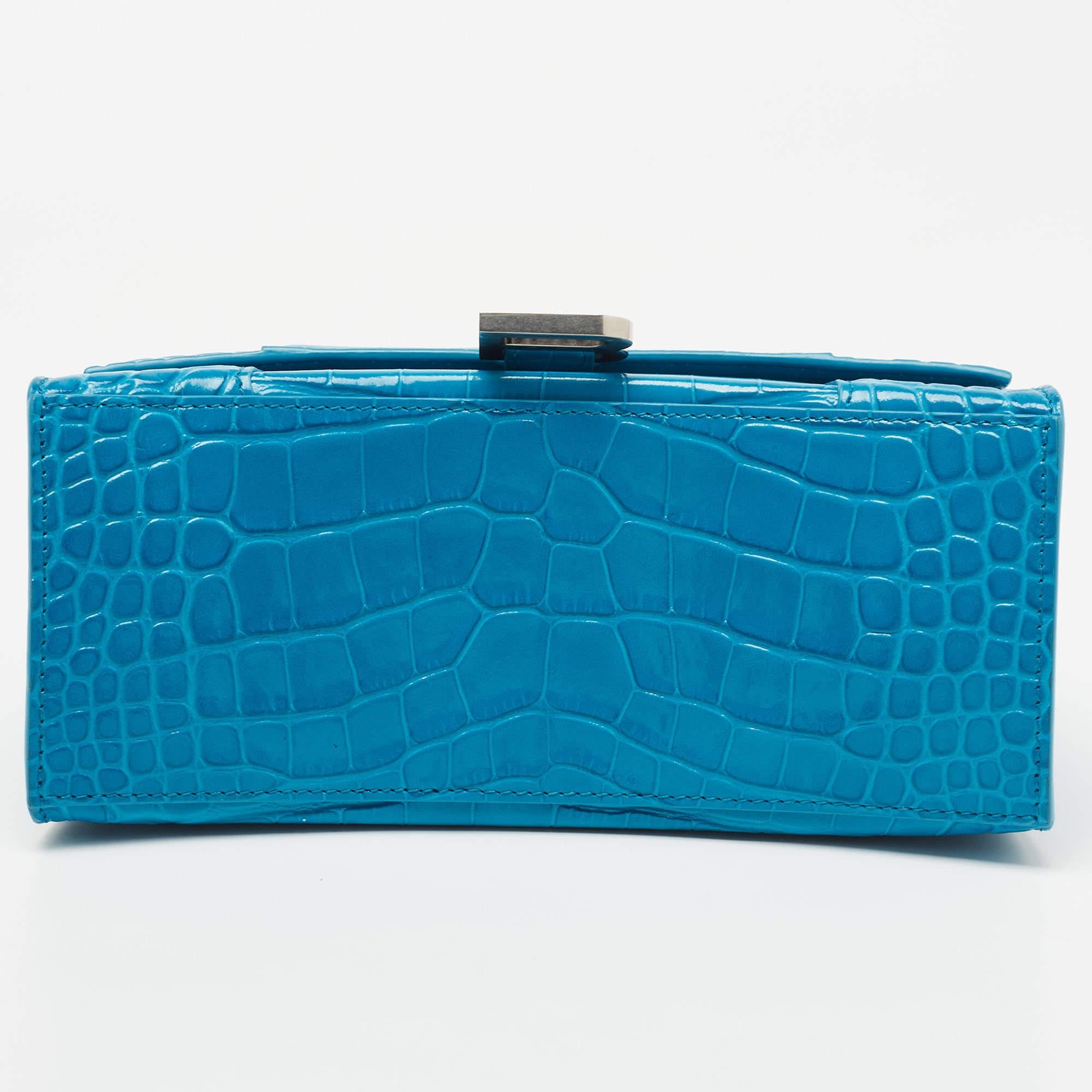Balenciaga Blue Croc Embossed Leather Hourglass Top Handle Bag 3