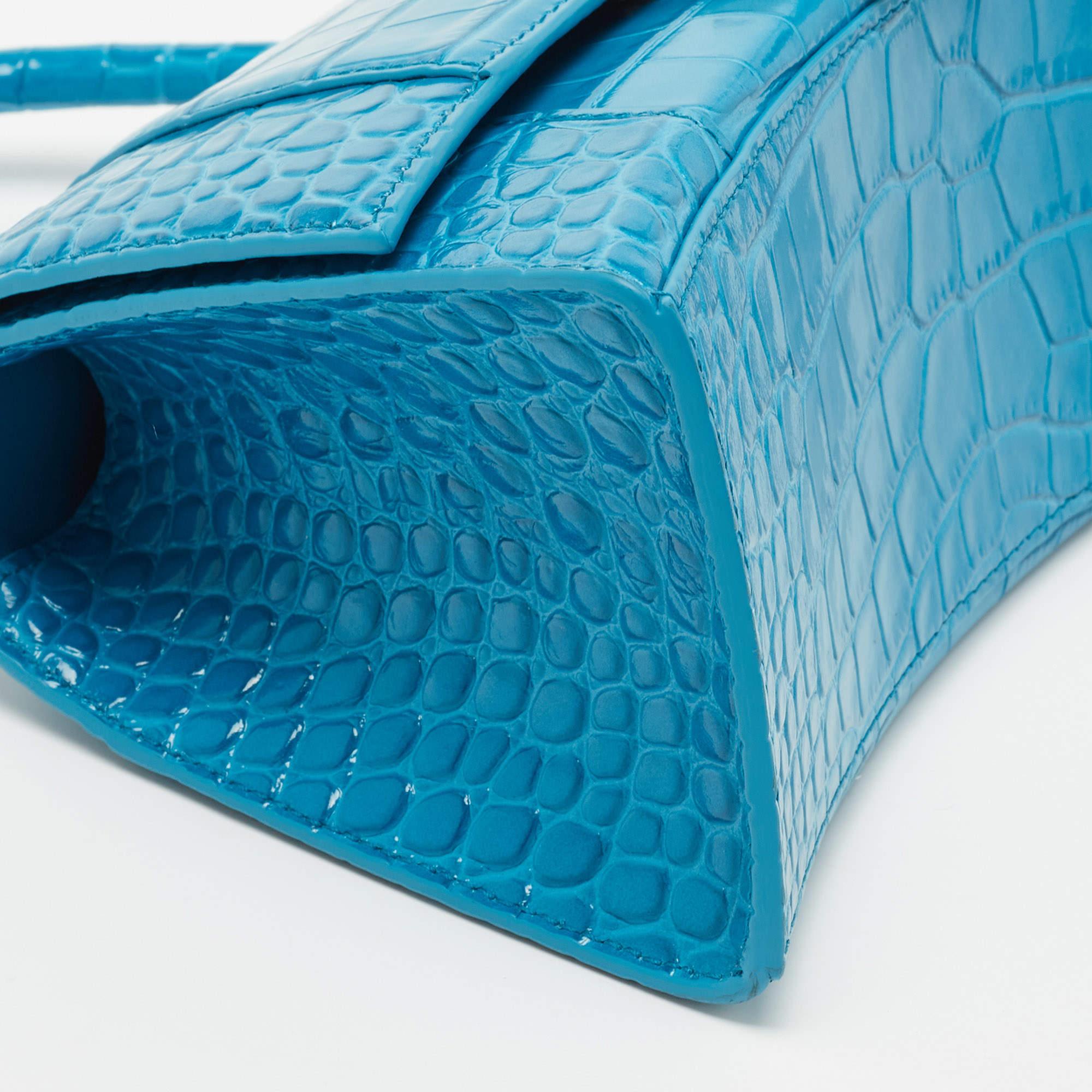Balenciaga Blue Croc Embossed Leather Hourglass Top Handle Bag 4