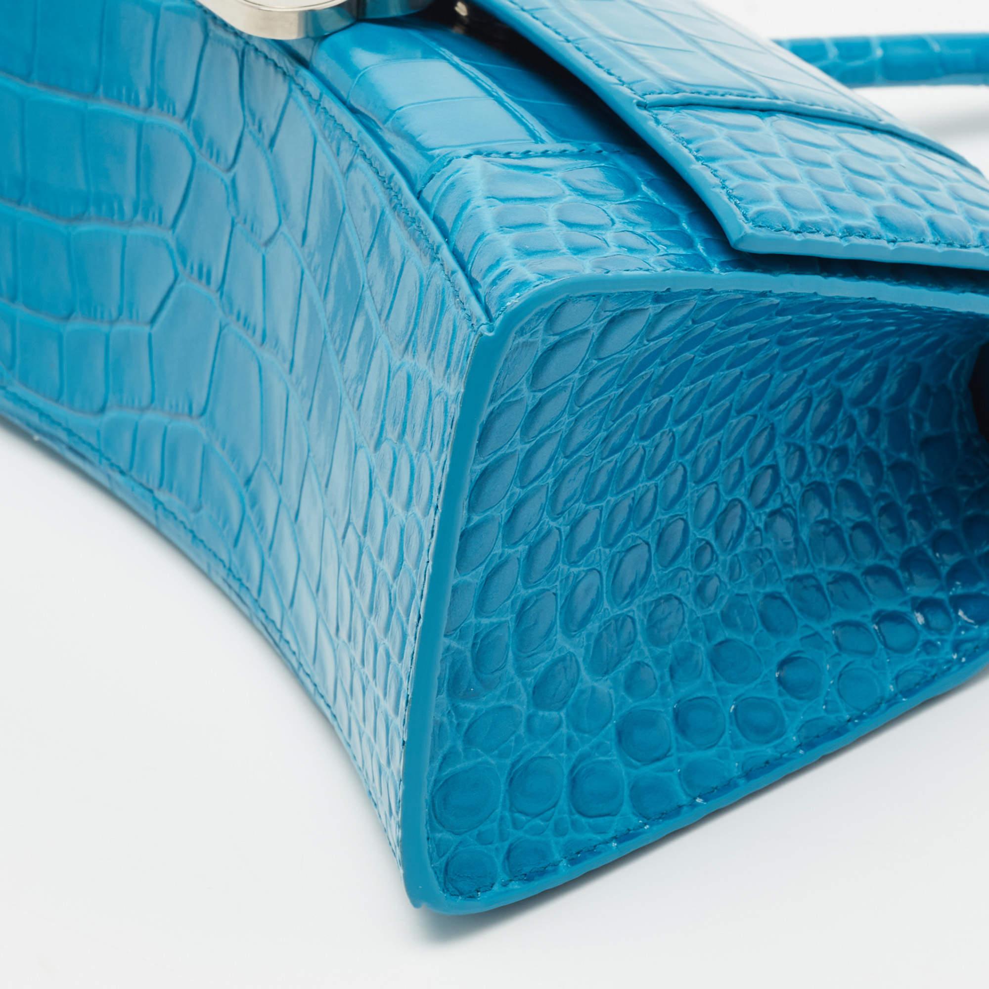 Balenciaga Blue Croc Embossed Leather Hourglass Top Handle Bag 5