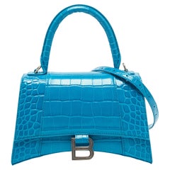 Balenciaga Blue Croc Embossed Leather Hourglass Top Handle Bag