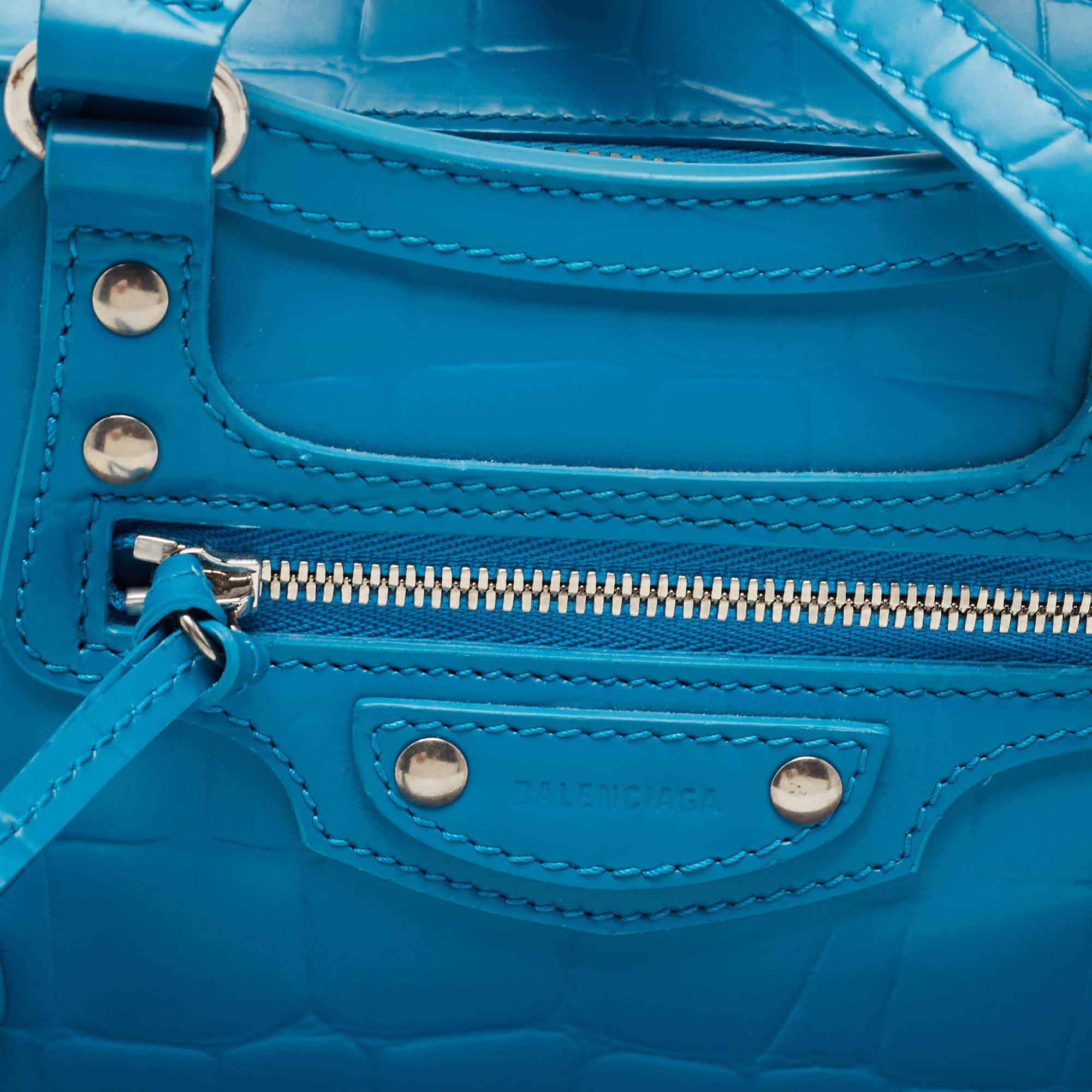 Balenciaga Blue Croc Embossed Leather Mini Neo Classic Bag 7