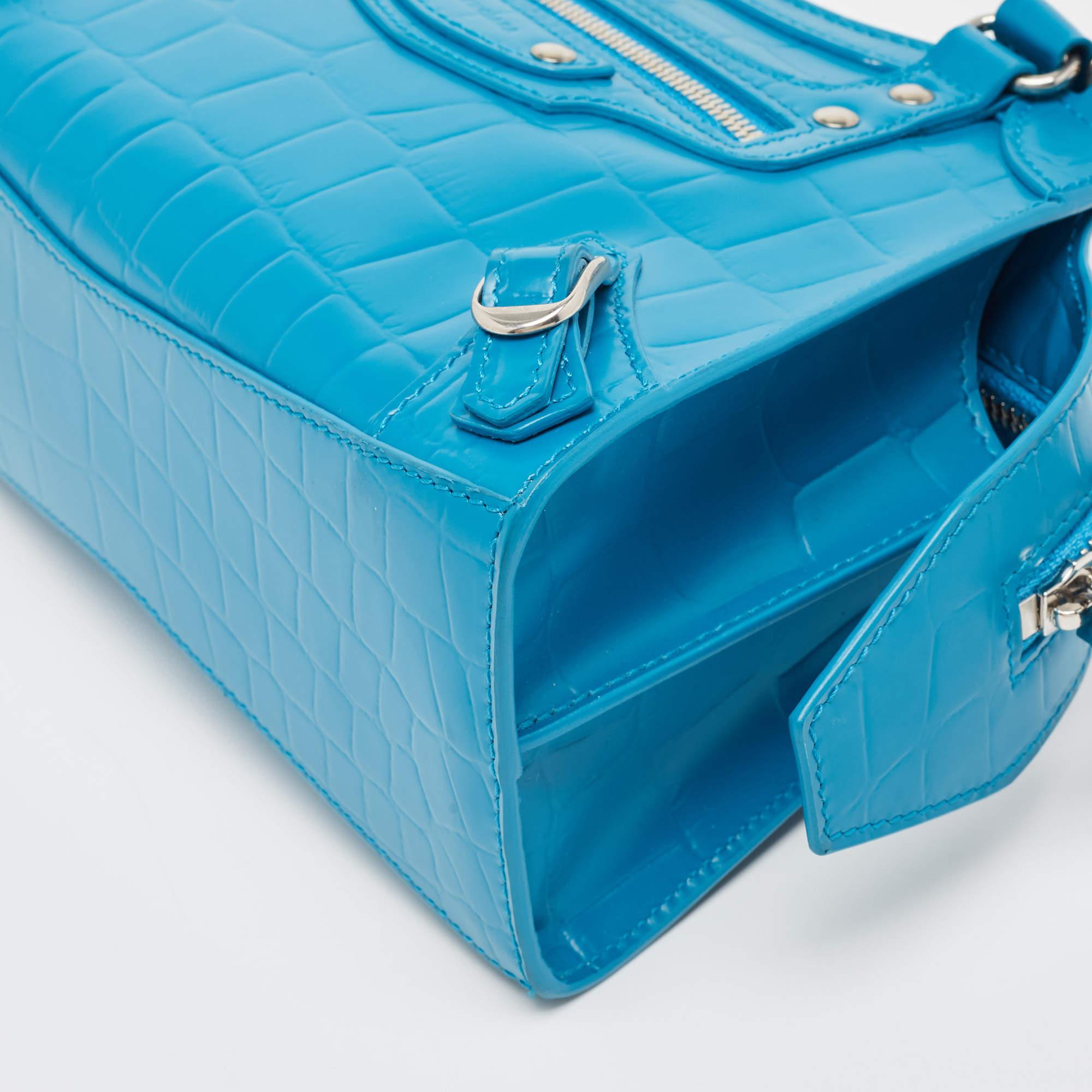 Balenciaga Blue Croc Embossed Leather Mini Neo Classic Bag 9