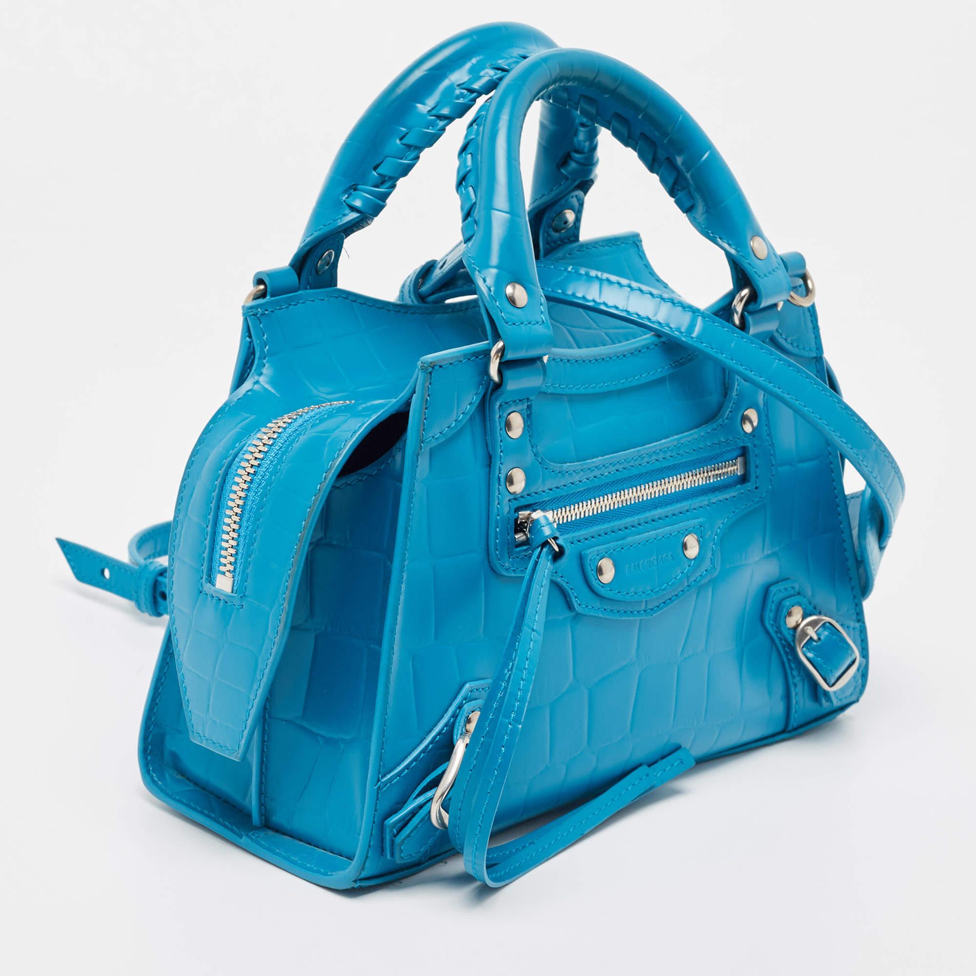 Women's Balenciaga Blue Croc Embossed Leather Mini Neo Classic Bag