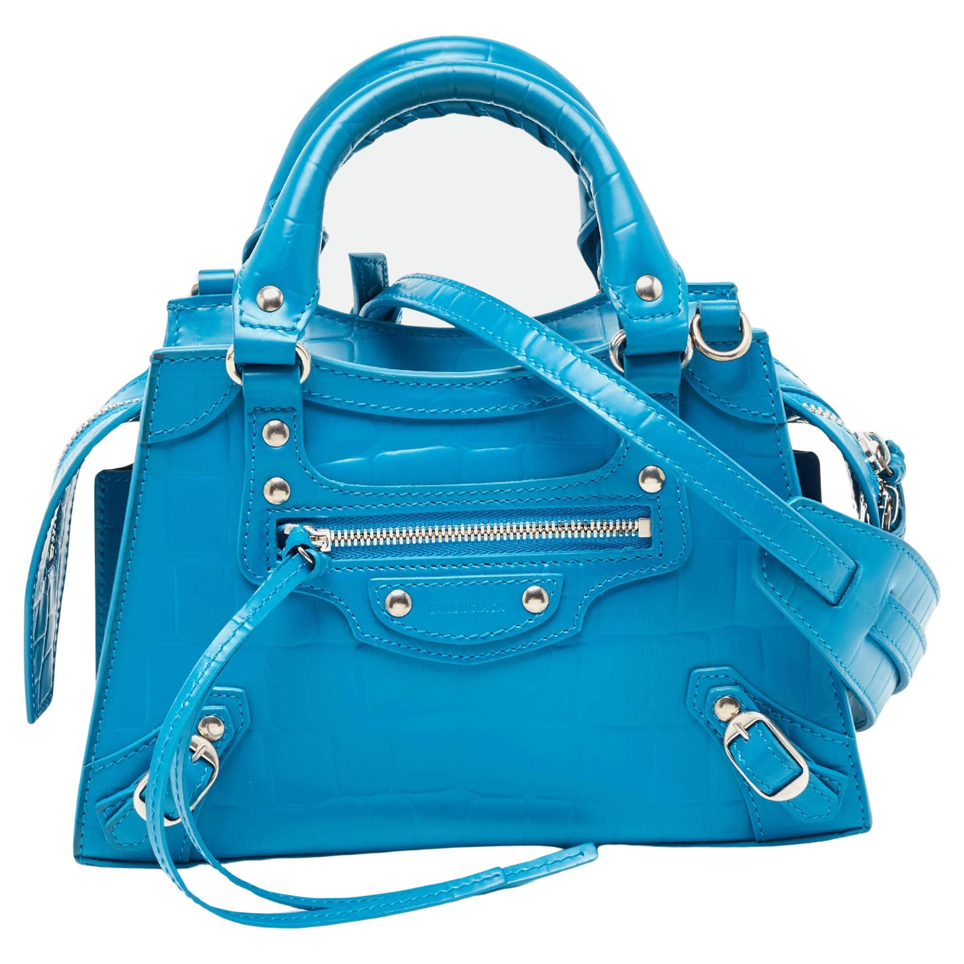 Balenciaga Blue Croc Embossed Leather Mini Neo Classic Bag