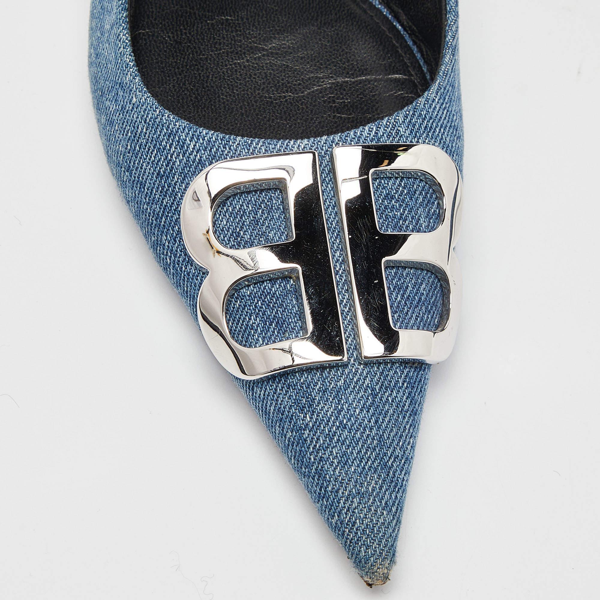 Women's Balenciaga Blue Denim BB Knife Slingback Flat Sandals Size 35.5 For Sale