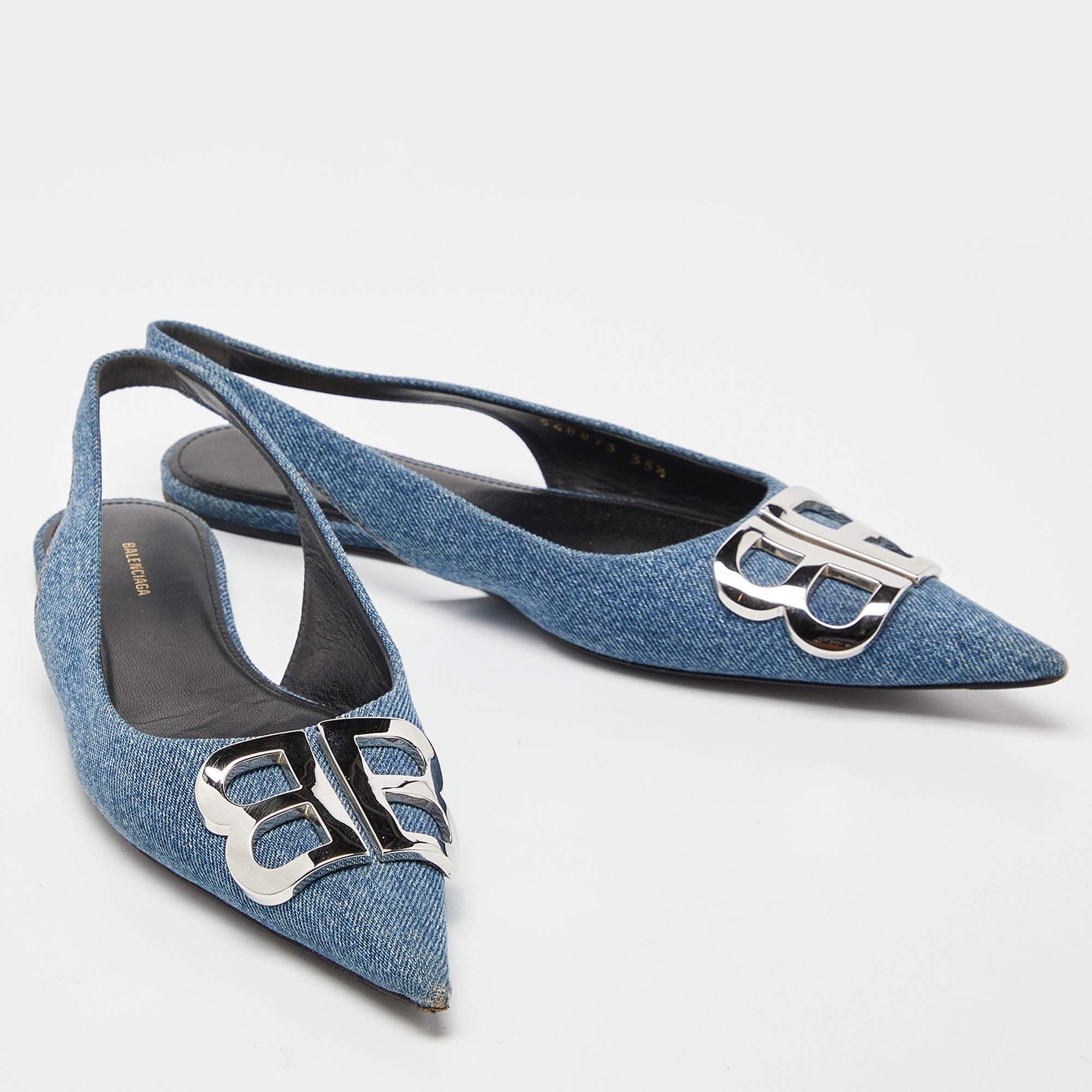 Balenciaga Blue Denim BB Knife Slingback Flat Sandals Size 35.5 For Sale 1